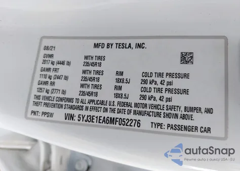 2021 Tesla Model 3 Standard Range Plus Rear-Wheel Drive из США, поврежденный, VIN 5YJ3E1EA6MF052276